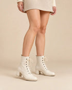 Women's Lace-Up Ankle Boots – Square Heel Matte Leather Effect - Off-White