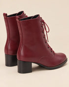 Women's Lace-Up Ankle Boots – Square Heel Matte Leather Effect - Burgundy