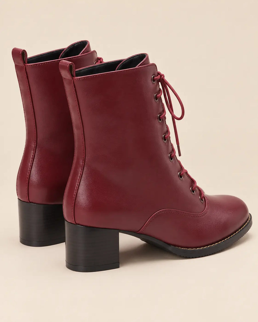Bottines à Lacets Femme - Talon Carré Effet Cuir Mat Bordeaux