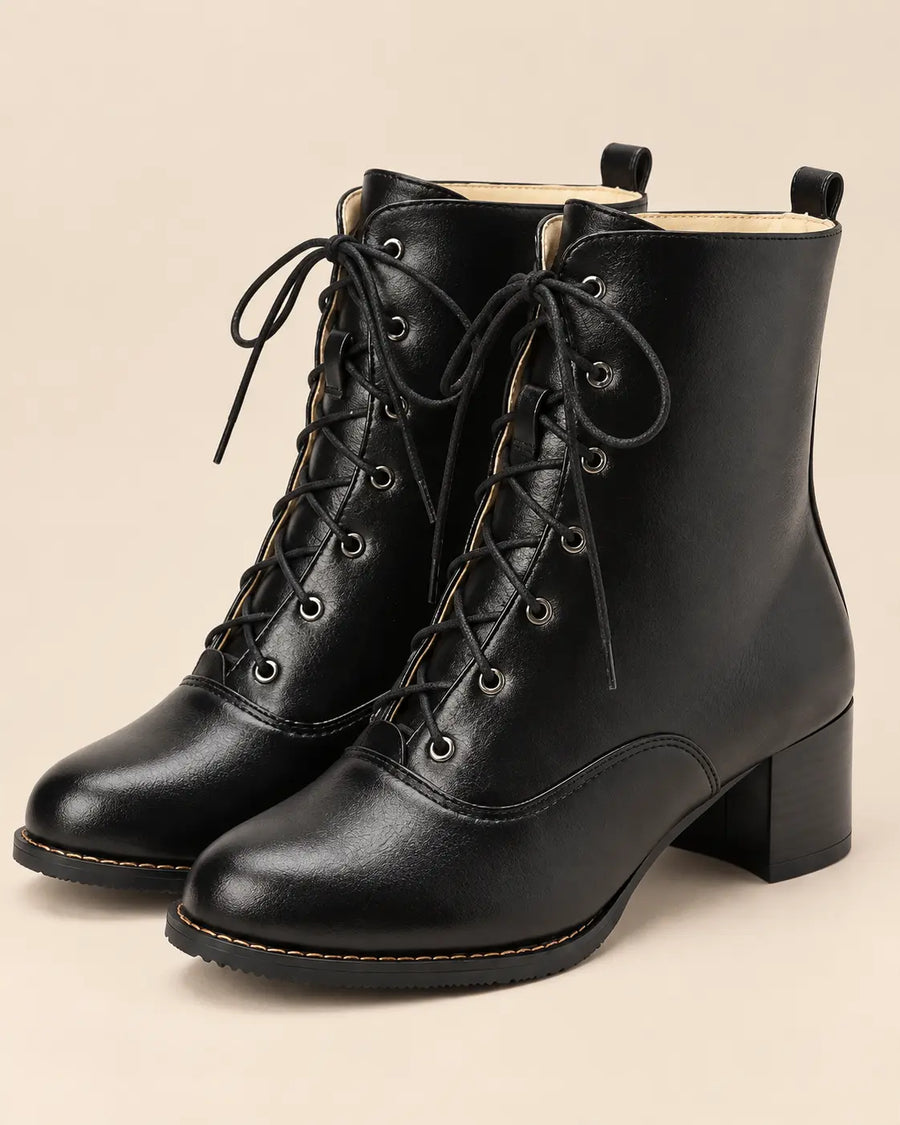 Bottines à Lacets Femme - Talon Carré Effet Cuir Mat Noir