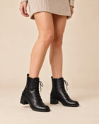 Women's Lace-Up Ankle Boots – Square Heel Matte Leather Effect - Black