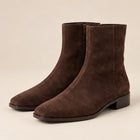 Women's Ankle Boots – Square-Toe Faux Suede Small Heel Inner Zip - Chocolate