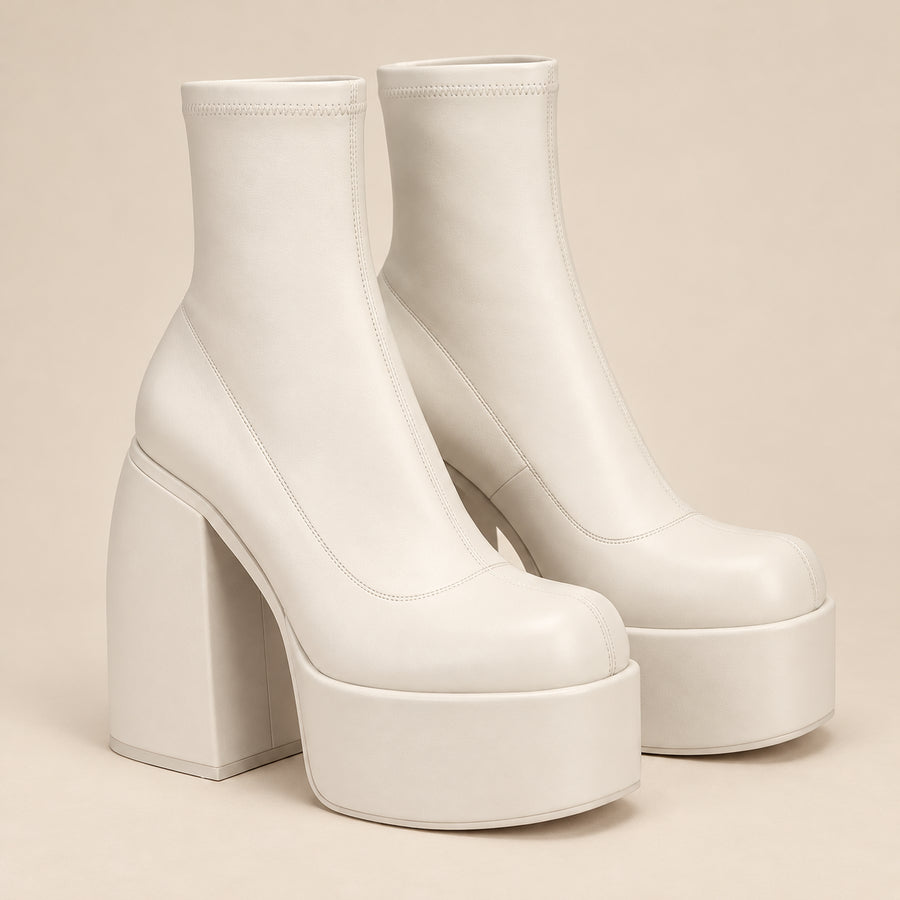 Bottines Chaussette Femme - Plateforme Massive Talon Bloc - Blanc - vue non portée sur fond beige