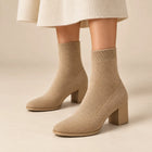 Women's Sock Boots – Ribbed Knit Block Heel - Beige