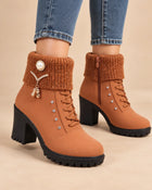 Women's Fur-Lined Ankle Boots – Faux Suede Knit Cuff Square Heel - Cognac