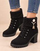 Women's Fur-Lined Ankle Boots – Faux Suede Knit Cuff Square Heel - Black