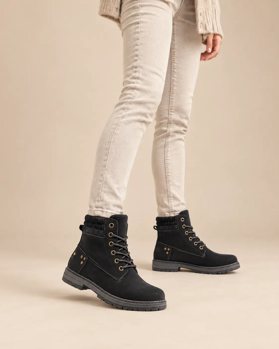 Bottines Worker Femme - Plates à Lacets Effet Cuir Noir porté