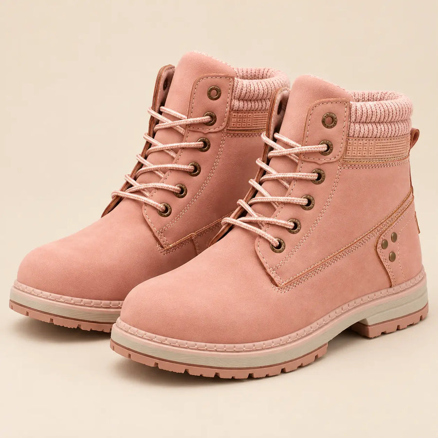 Bottines Worker Femme - Plates à Lacets Effet Cuir Rose Poudré