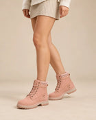 Women's Worker Boots – Flat Lace-Up Leather Effect - Powder Pink