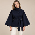Women's Cape Coat – High Collar Tie Belt - Blue