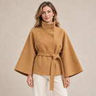 Women's Cape Coat – High Collar Tie Belt - Brown