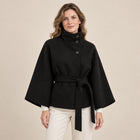 Women's Cape Coat – High Collar Tie Belt - Black