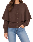 Women's Cape Cardigan – Short Sleeves Square Neck - Coffee