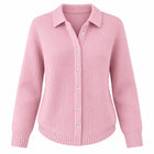 Women's Loose-Fit Buttoned Polo-Collar Knit Cardigan - Pink