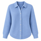 Women's Loose-Fit Buttoned Polo-Collar Knit Cardigan - Sky Blue