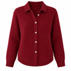 Women's Loose-Fit Buttoned Polo-Collar Knit Cardigan - Burgundy
