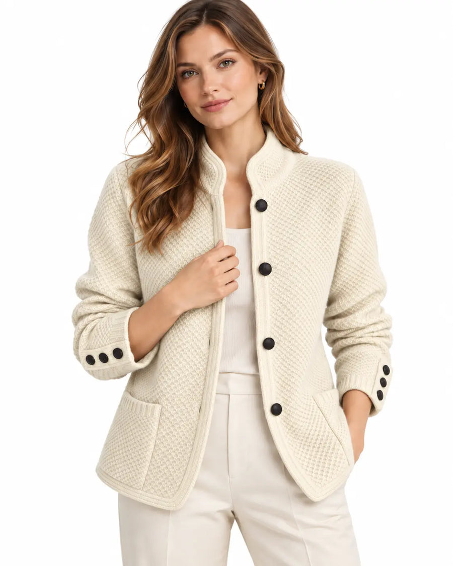 Cardigan Femme Boutonné Maille Cachemire Laine Beige porté