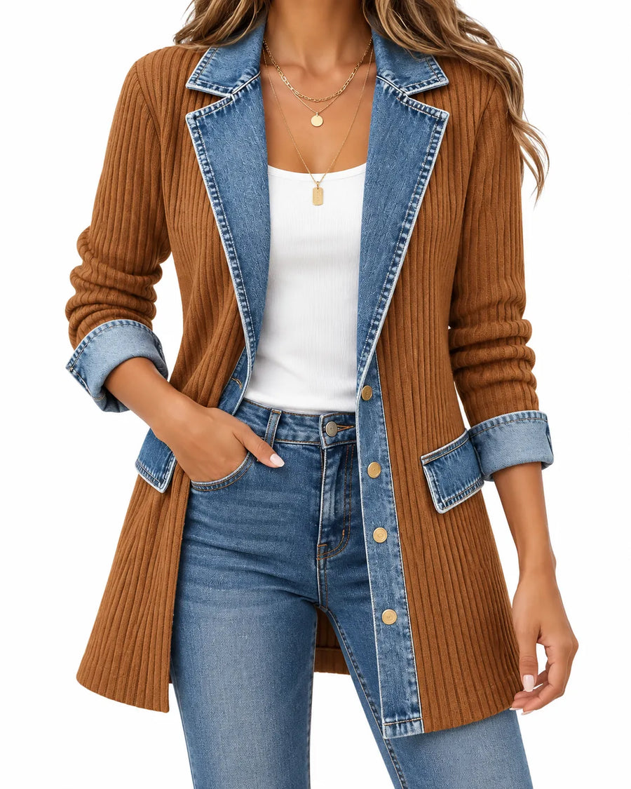 Cardigan Femme Côtelé Boutonné Effet Denim