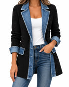 Women's Buttoned Ribbed Cardigan with Denim-Effect Detail - Black