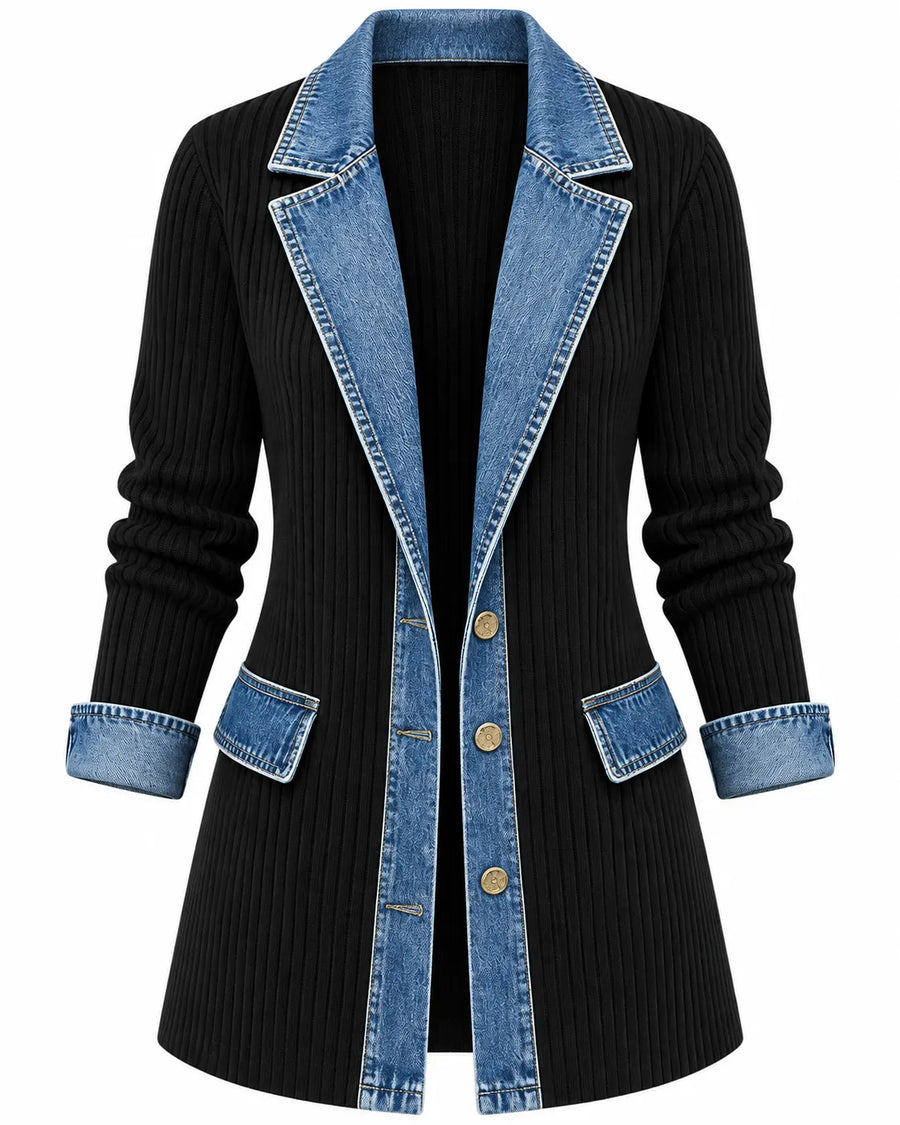 Cardigan Femme Côtelé Boutonné Effet Denim – vue produit 3
