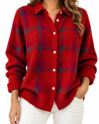 Women's Buttoned Tartan Polo Cardigan – Preppy Style - Red