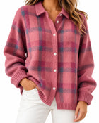 Women's Buttoned Tartan Polo Cardigan – Preppy Style - Pink