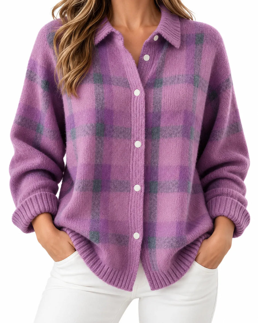 Cardigan Femme Polo Tartan Boutonné Style Preppy Automne Hiver - photo produit 4