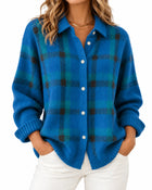 Women's Buttoned Tartan Polo Cardigan – Preppy Style - Blue