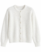 Women's Round-Neck Wool Cardigan with Vintage Pearl Buttons - White