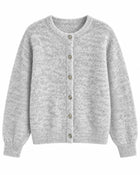 Women's Round-Neck Wool Cardigan with Vintage Pearl Buttons - Light Grey