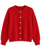 Women's Round-Neck Wool Cardigan with Vintage Pearl Buttons - Red