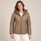 Women's Lightweight Puffer Jacket – Fixed Hood Side Pockets - Greyish Beige