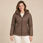 Women's Lightweight Puffer Jacket – Fixed Hood Side Pockets - Coffee
