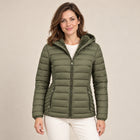 Women's Lightweight Puffer Jacket – Fixed Hood Side Pockets - Olive Green