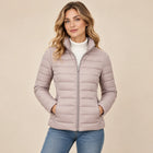 Women's Lightweight Puffer Jacket – High Collar Zip-Up Slim Cut - Pale Rose Grey