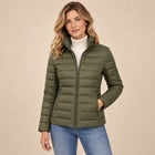 Women's Lightweight Puffer Jacket – High Collar Zip-Up Slim Cut - Khaki