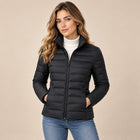 Women's Lightweight Puffer Jacket – High Collar Zip-Up Slim Cut - Black