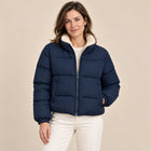 Women's Cropped Puffer Jacket with Sherpa-Lined High Collar and Full Zip - Navy