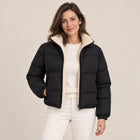 Women's Cropped Puffer Jacket with Sherpa-Lined High Collar and Full Zip - Black