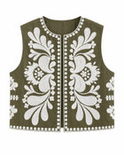 Women's Sleeveless Gilet with Floral Embroidery - Green