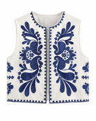 Women's Sleeveless Gilet with Floral Embroidery - Blue