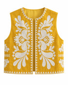 Women's Sleeveless Gilet with Floral Embroidery - Yellow