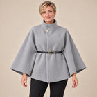 Women's Cape Coat – Batwing Sleeves High Collar Belted - Grey