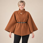 Women's Cape Coat – Batwing Sleeves High Collar Belted - Brown