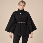 Women's Cape Coat – Batwing Sleeves High Collar Belted - Black