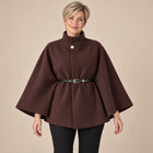 Women's Cape Coat – Batwing Sleeves High Collar Belted - Maroon Red