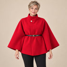 Women's Cape Coat – Batwing Sleeves High Collar Belted - Red
