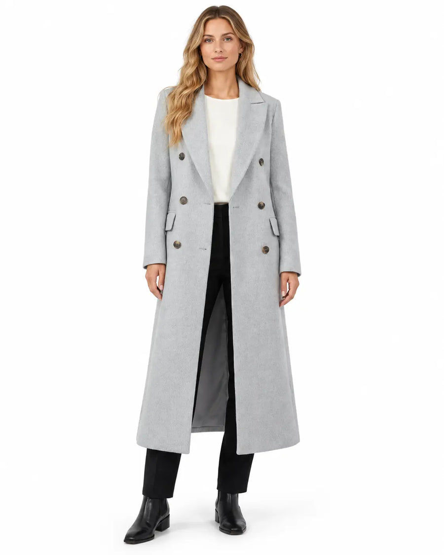 Manteau Long Femme - Aspect Lainage Col Cranté Poches Passepoilées Gris porté