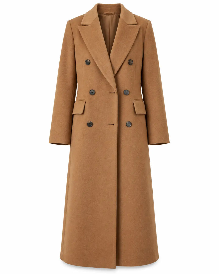 Manteau Long Femme - Aspect Lainage Col Cranté Poches Passepoilées Marron