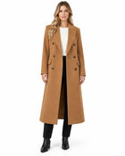 Women's Long Coat – Wool-Look Notch Collar Piped Pockets - Brown